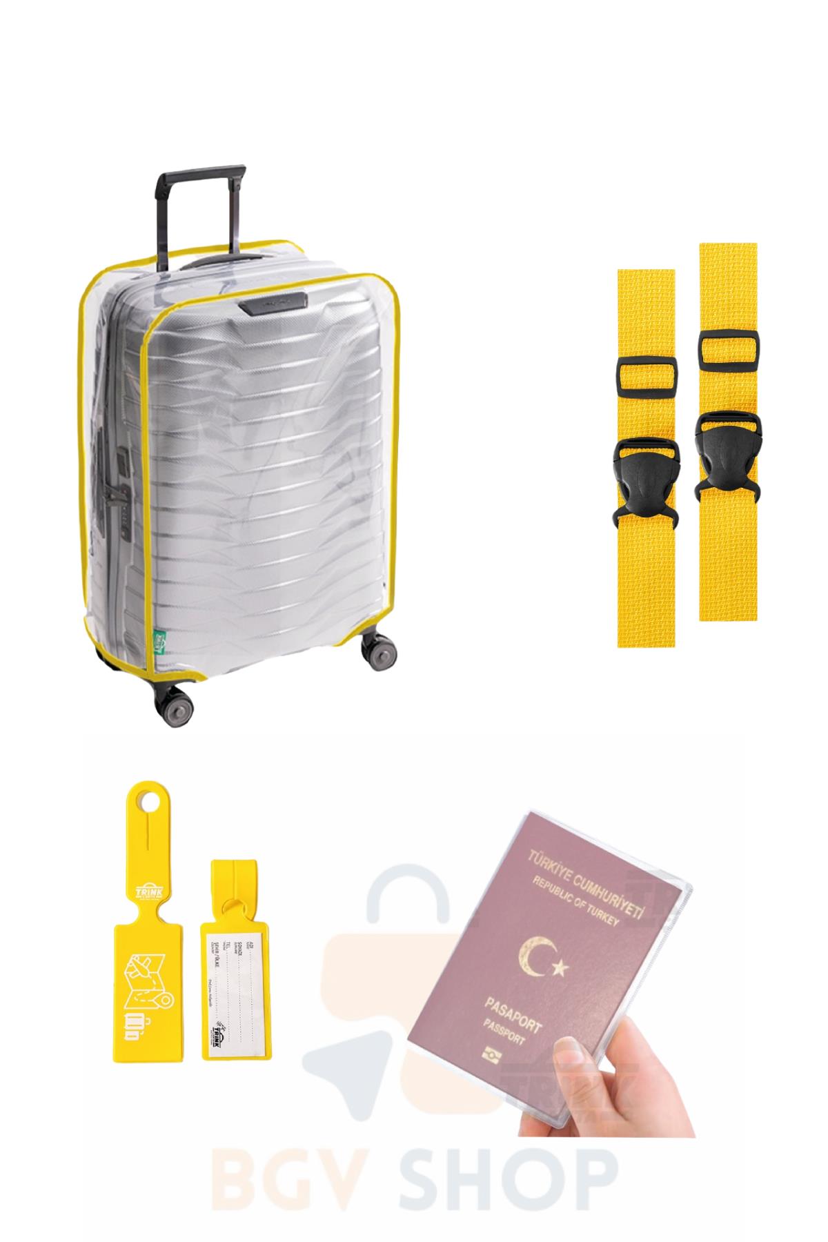 Valiz Kılıfı Seti *Renkli Biyeli Valiz Kılıfı + Valiz Kemeri + Valiz Etiketi + Pasaport Kılıfı* SARI RENK 