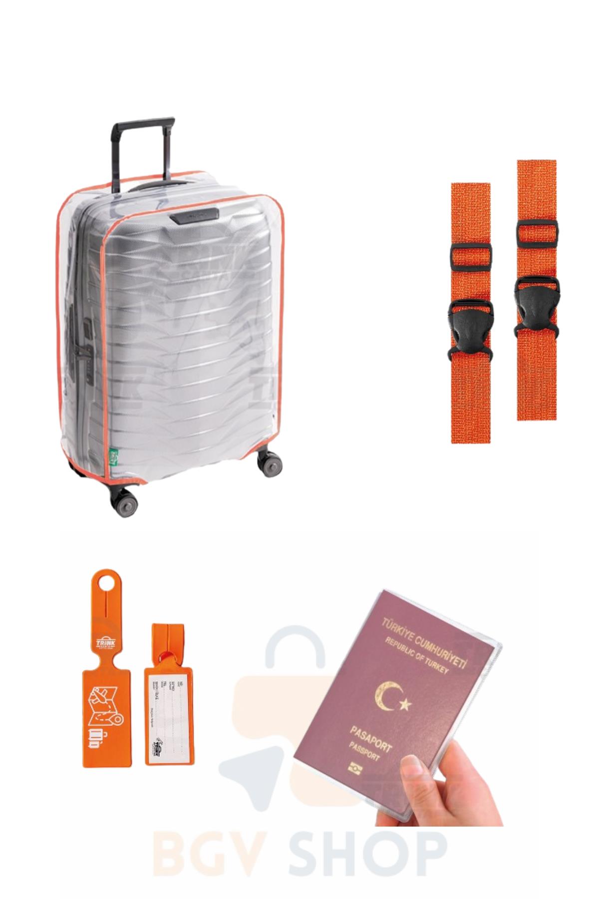Valiz Kılıfı Seti *Renkli Biyeli Valiz Kılıfı + Valiz Kemeri + Valiz Etiketi + Pasaport Kılıfı* TURUNCU RENK 