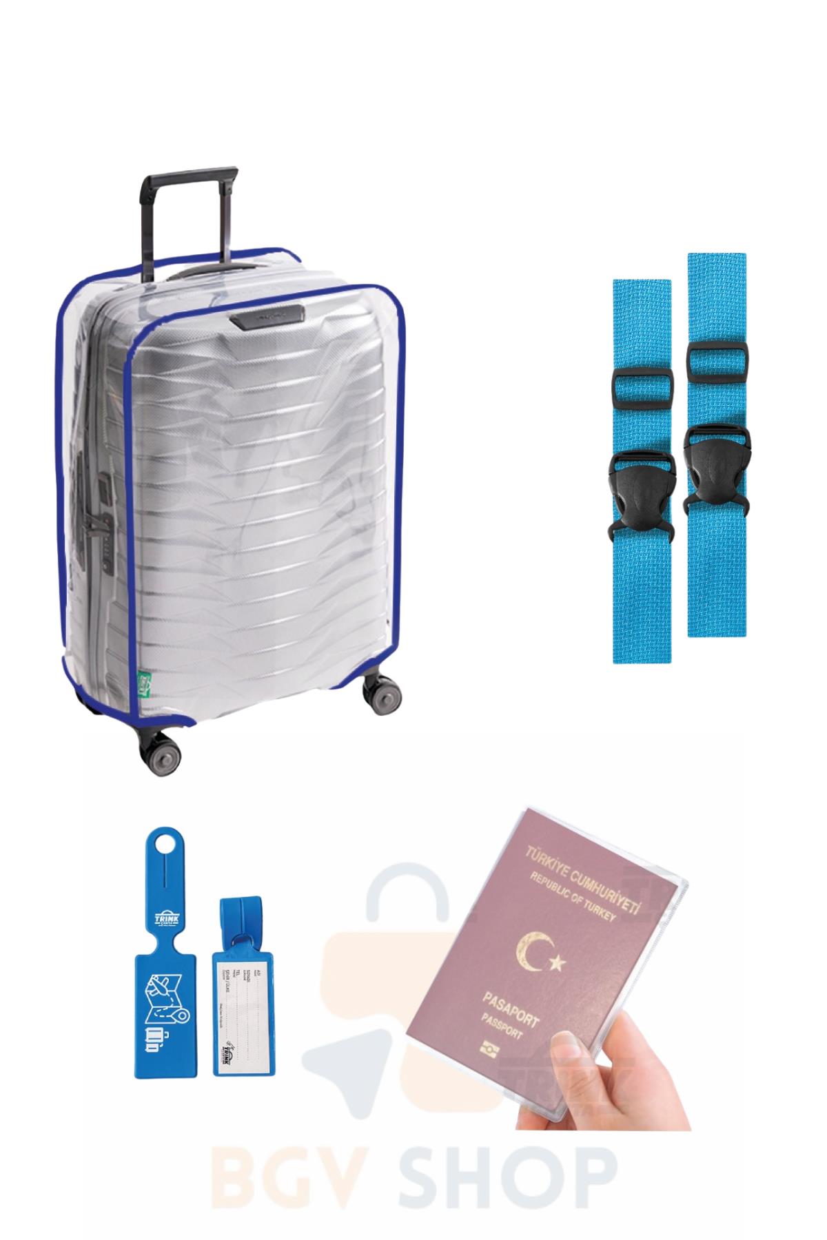 Valiz Kılıfı Seti *Renkli Biyeli Valiz Kılıfı + Valiz Kemeri + Valiz Etiketi + Pasaport Kılıfı* MAVİ RENK 